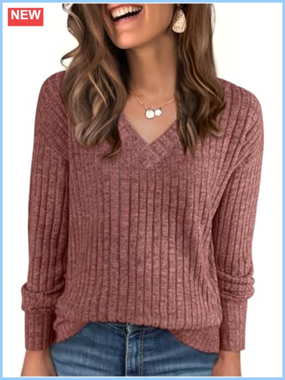 Ribbed V Neck Long Sleeve Tunic Top Loose Fit Drop Shoulder Knit